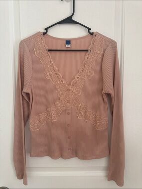 Old Navy Blush Pink Ribbed Lace-Trim Button Down Top